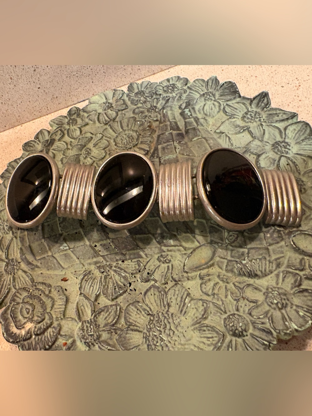 Massive Ben Amun Silver Onyx Black Stone Station Statement Cuff Bracelet